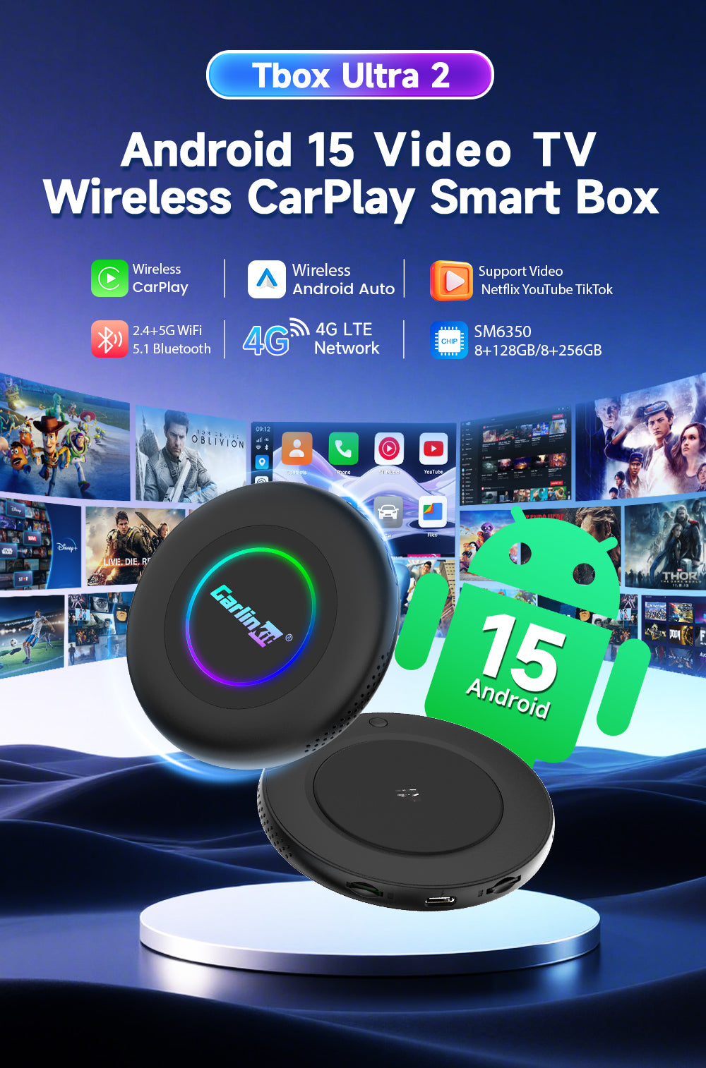 CARLINKIT 6350 Ultra 2 CarPlay Android 15 AI TBOX Qualcomm 4GSIM 8GB+128GB