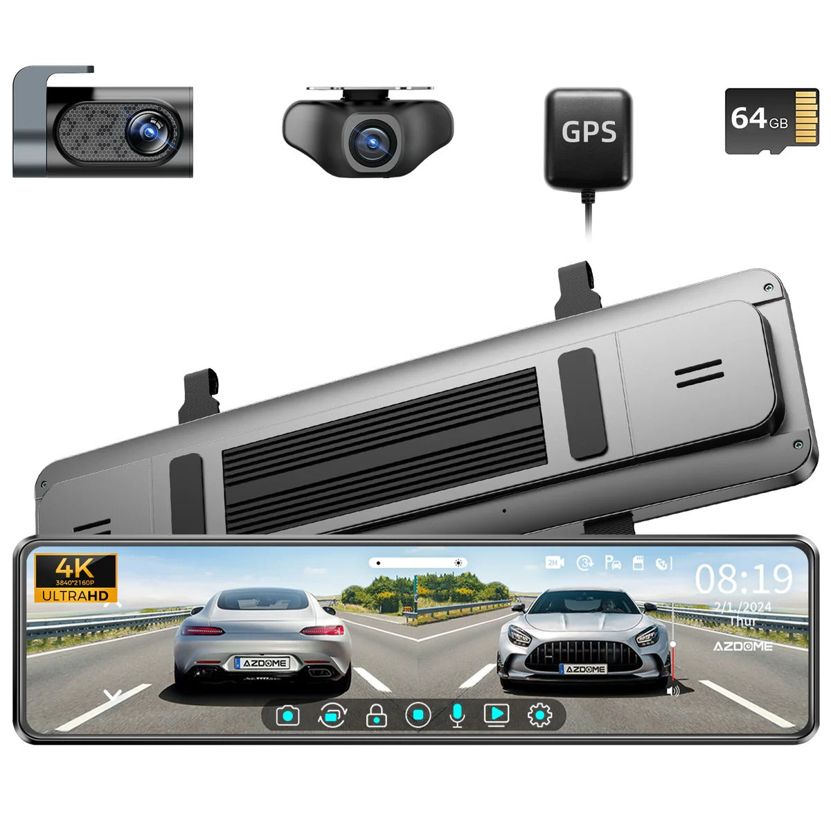 AZDOME PG18S 12" GPS Front and Rear View Mirror Dash Cam 4K+1080P Night Vision