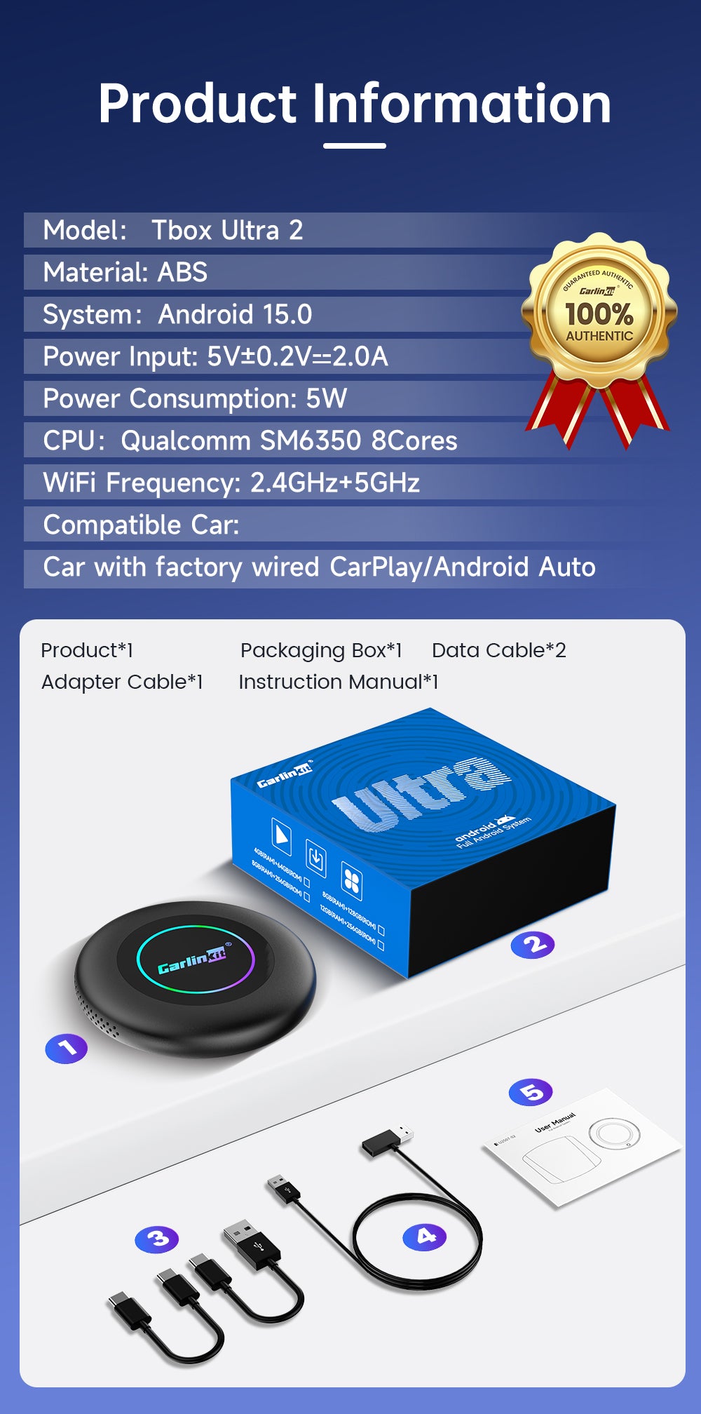 CARLINKIT 6350 Ultra 2 CarPlay Android 15 AI TBOX Qualcomm 4GSIM 8GB+128GB