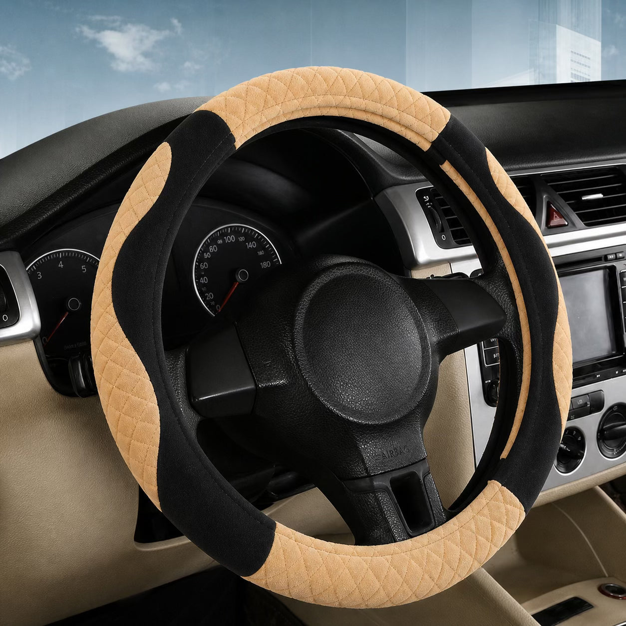 Beige and black quilted car steering wheel cover with anti-slip grip, universal fit for cars in Kuwait