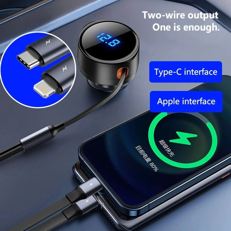 2-in-1 Retractable Super Fast Car Charger with digital display-شاحن سيارة فائق السرعة 2 في 1 قابل للسحب مع شاشة رقمية-Auto-Emporio-Kuwait.0