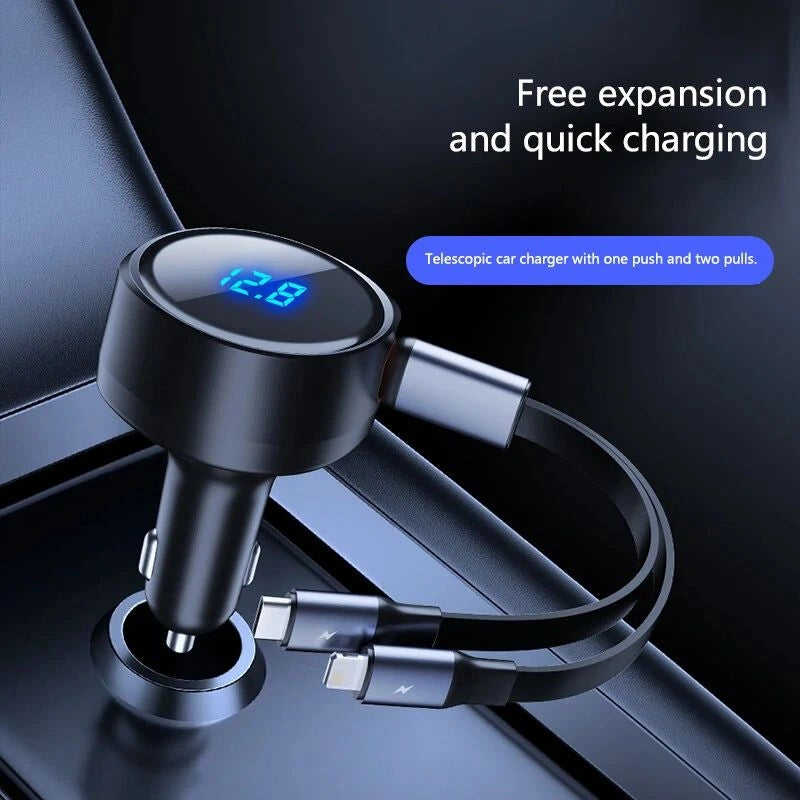 2-in-1 Retractable Super Fast Car Charger with digital display-شاحن سيارة فائق السرعة 2 في 1 قابل للسحب مع شاشة رقمية-Auto-Emporio-Kuwait.0