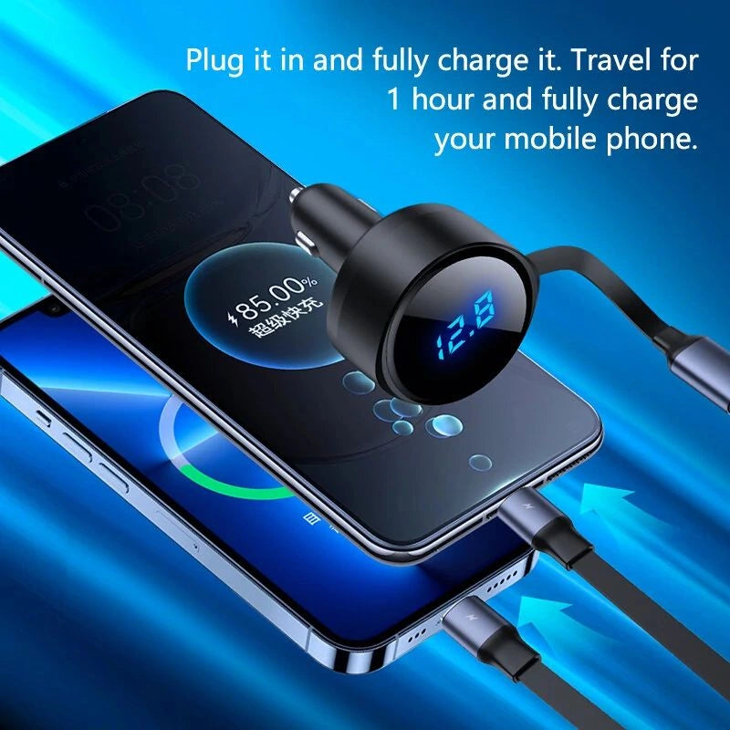 2-in-1 Retractable Super Fast Car Charger with digital display-شاحن سيارة فائق السرعة 2 في 1 قابل للسحب مع شاشة رقمية-Auto-Emporio-Kuwait.0