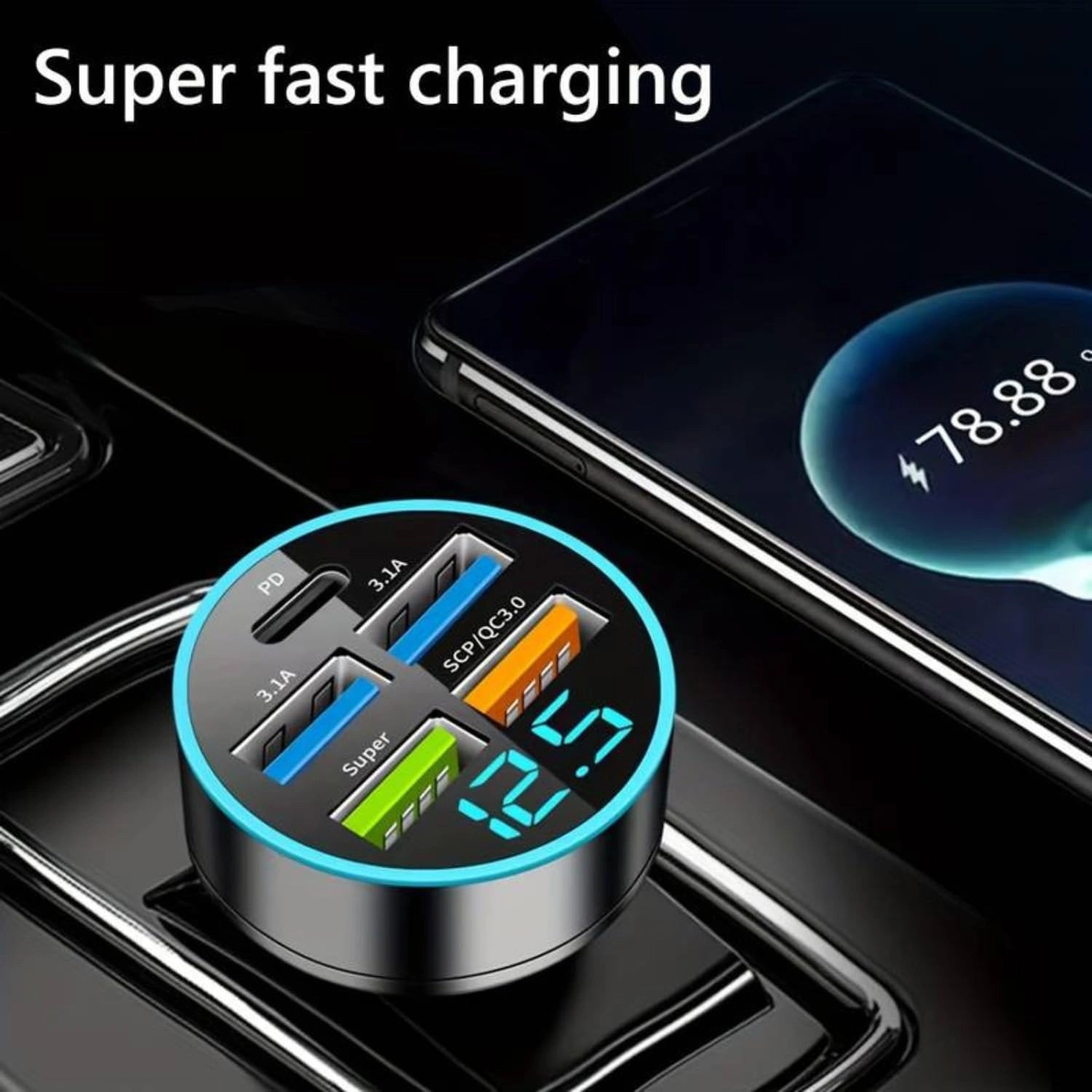 5-Port USB Car Charger with Digital Display-شاحن سيارة بخمسة منافذ USB مع شاشة رقمية-Auto-Emporio-Kuwait.0