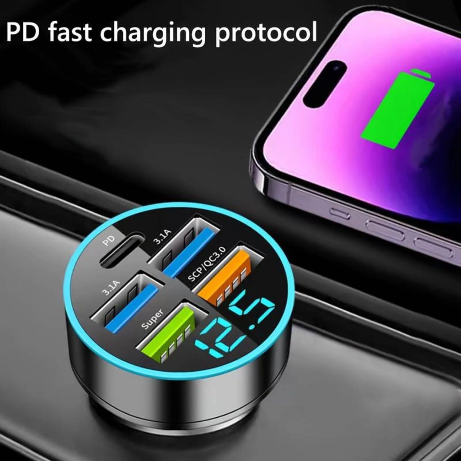 5-Port USB Car Charger with Digital Display-شاحن سيارة بخمسة منافذ USB مع شاشة رقمية-Auto-Emporio-Kuwait.0