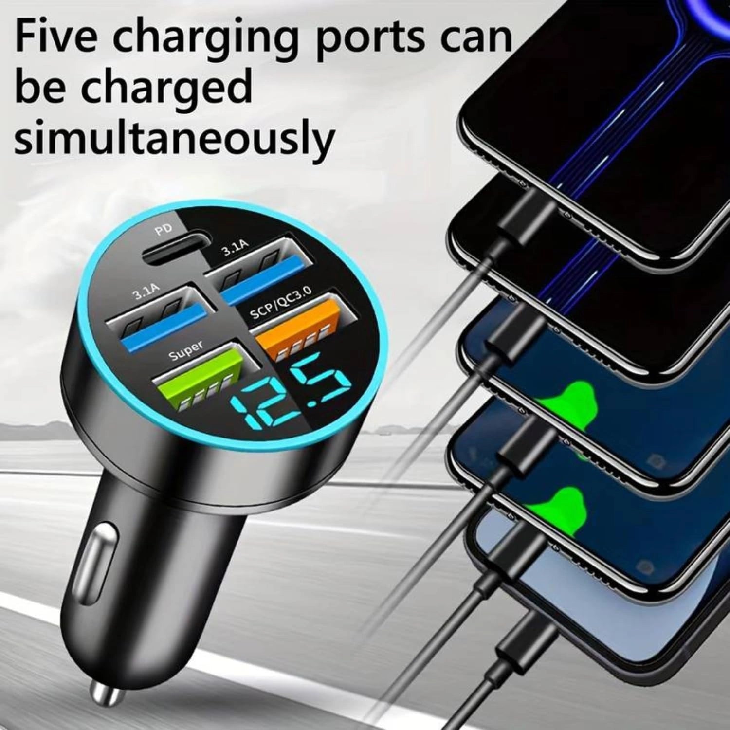 5-Port USB Car Charger with Digital Display-شاحن سيارة بخمسة منافذ USB مع شاشة رقمية-Auto-Emporio-Kuwait.0