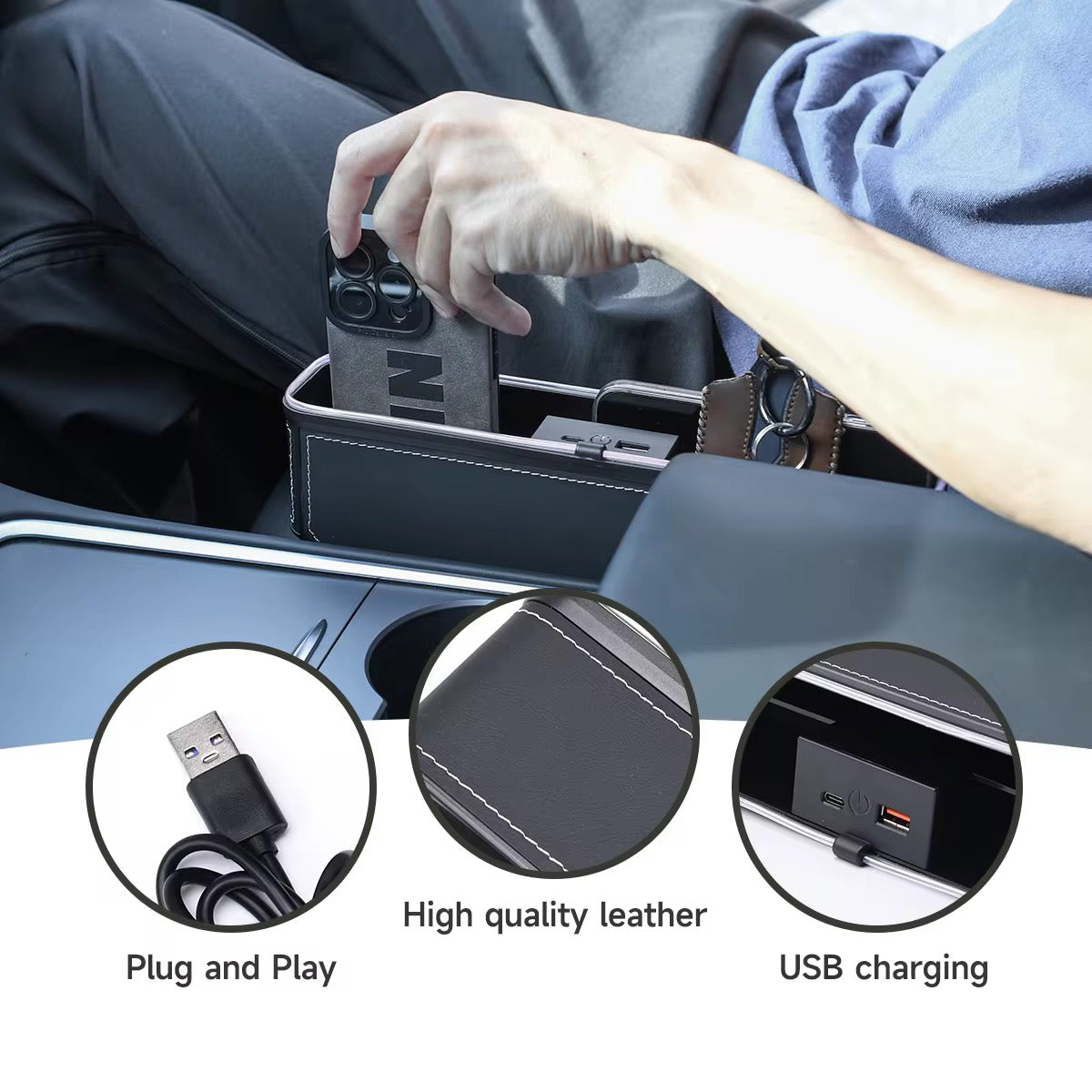 PU Leather Car Seat Gap Filler Organizer with Light & USB Charging
