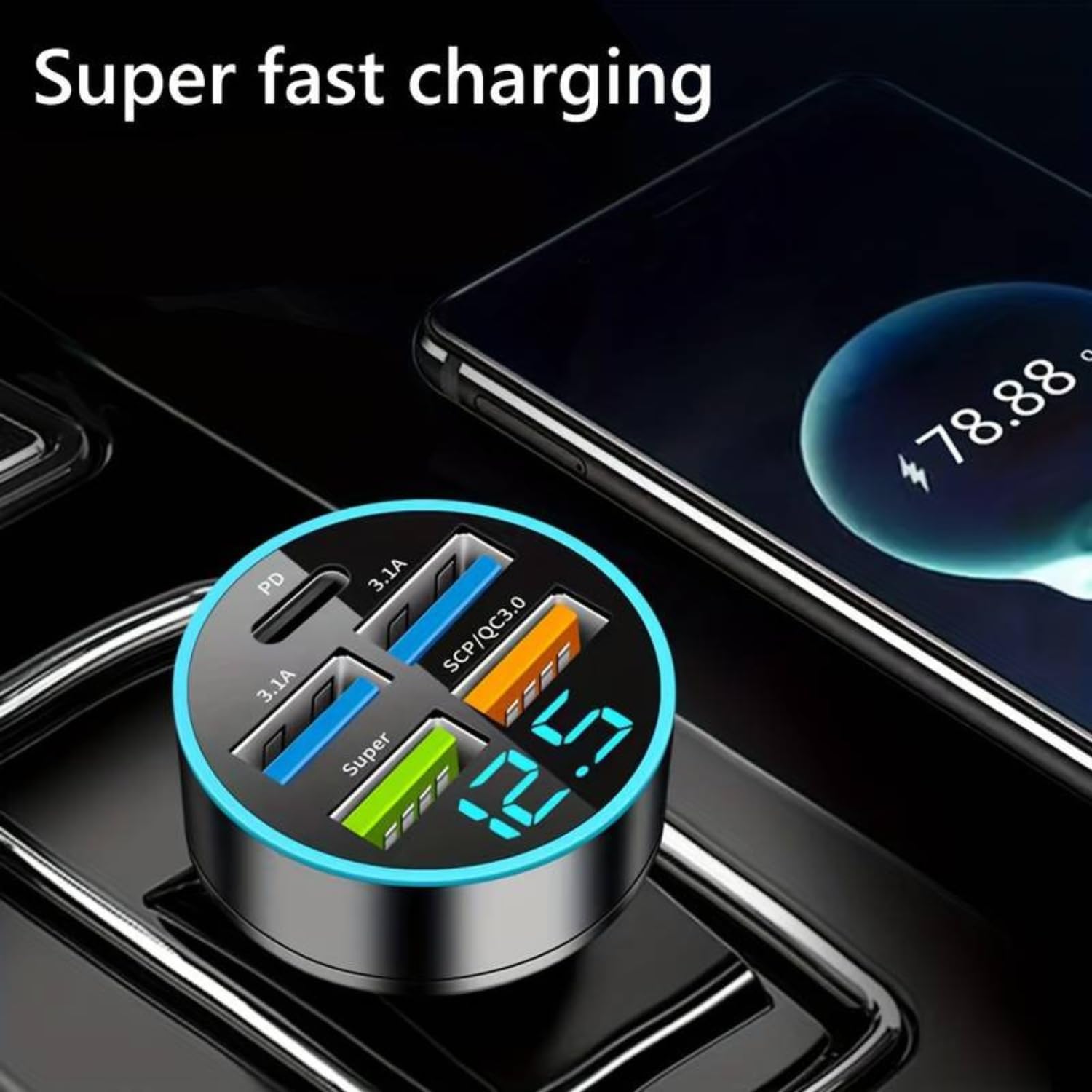 5-Port USB Car Charger with Digital Display