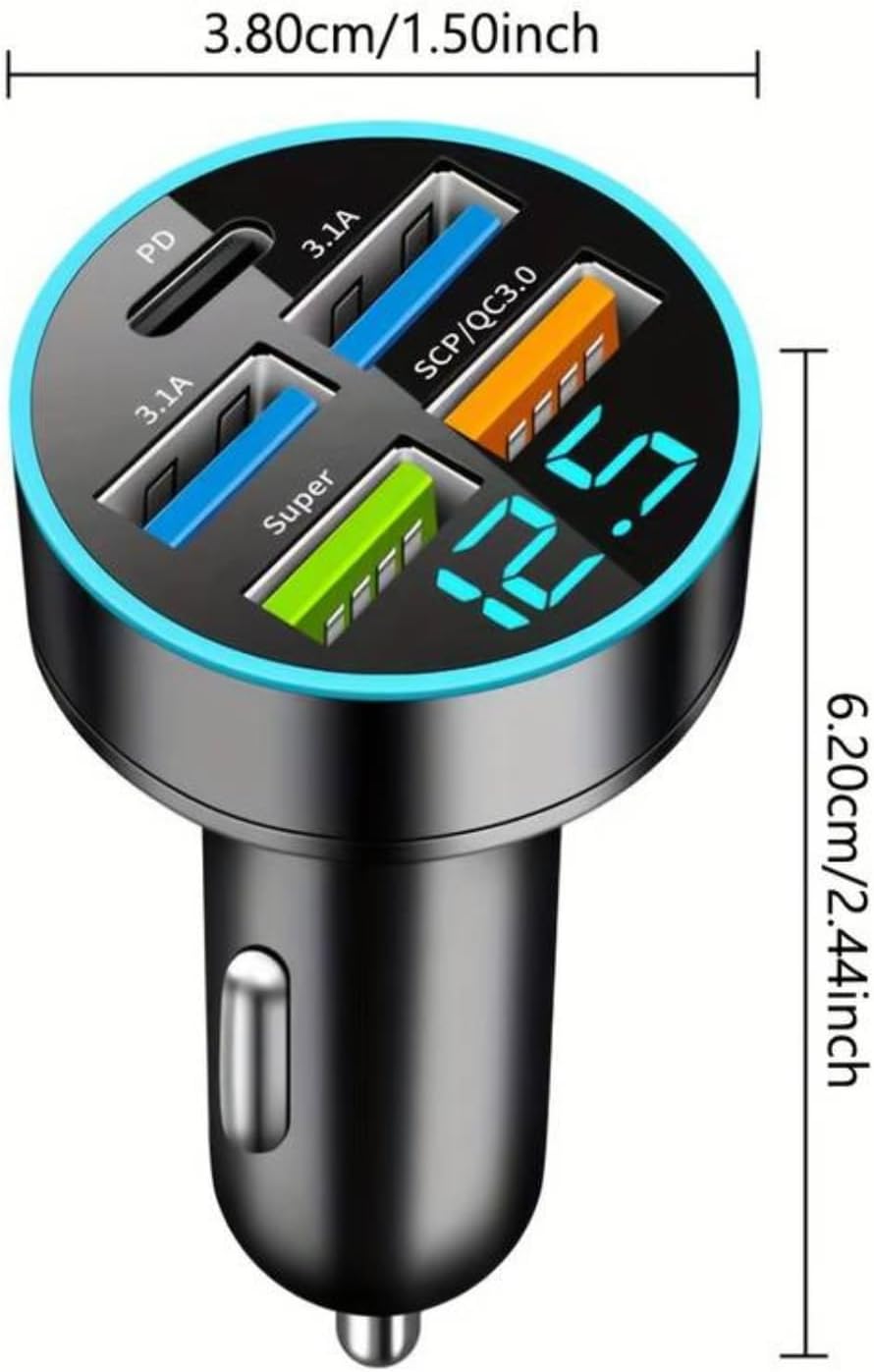 5-Port USB Car Charger with Digital Display