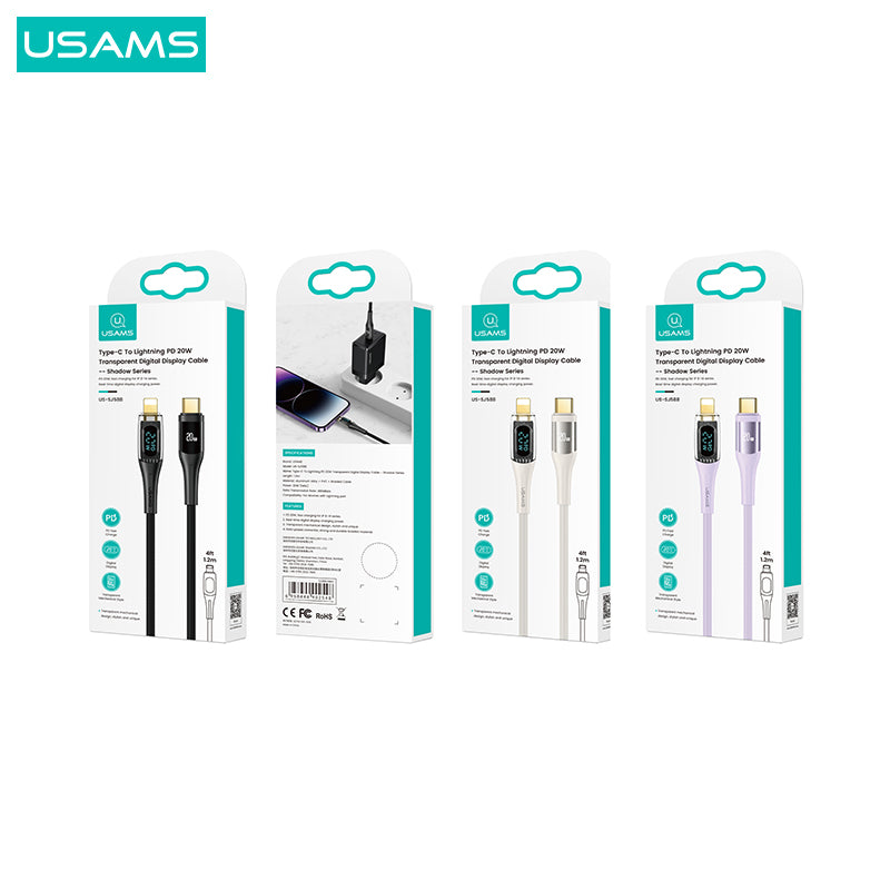 USAMS Type-C To Lightning PD 20W Transparent Digital Display Cable