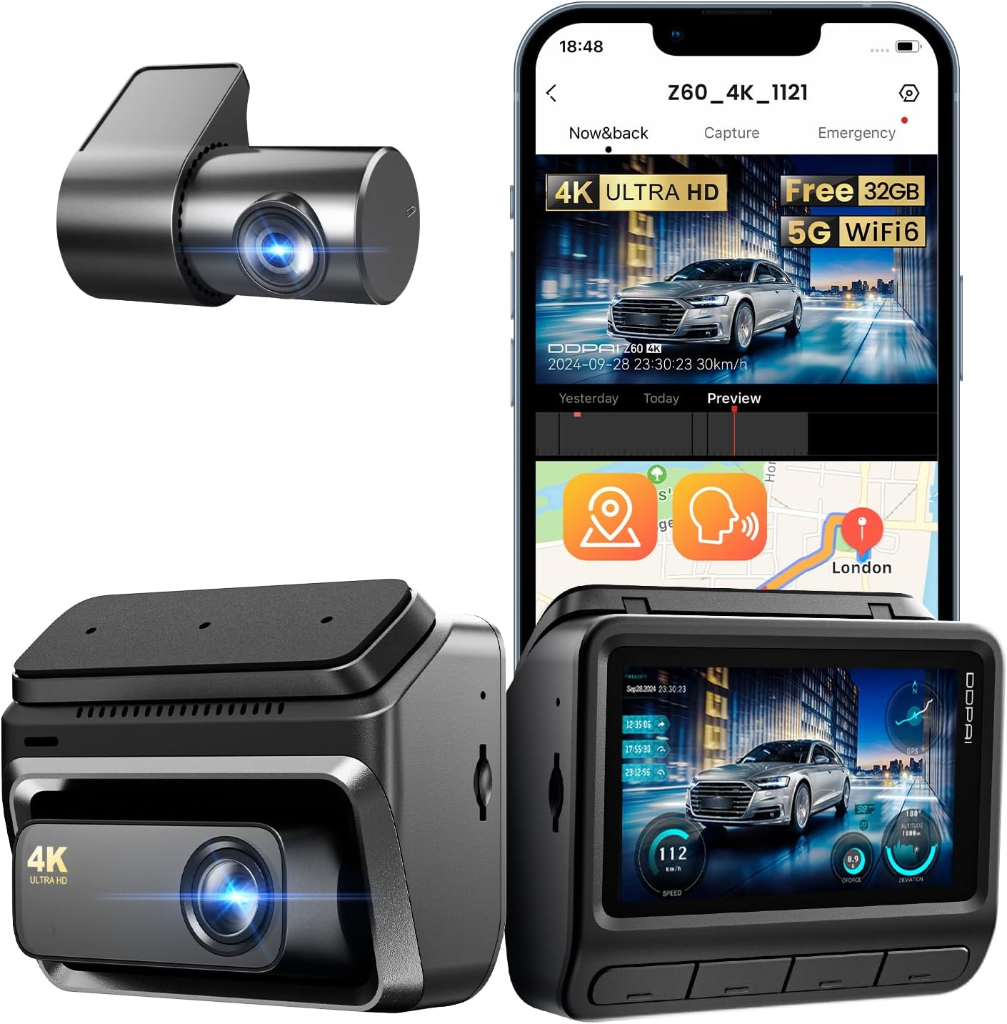 DDPAI Z60 4K+2K+1080P Dashcam Support Rear and Interior with GPS 5GHz WiFi ADAS NightVIS 2.0 Dash Camera