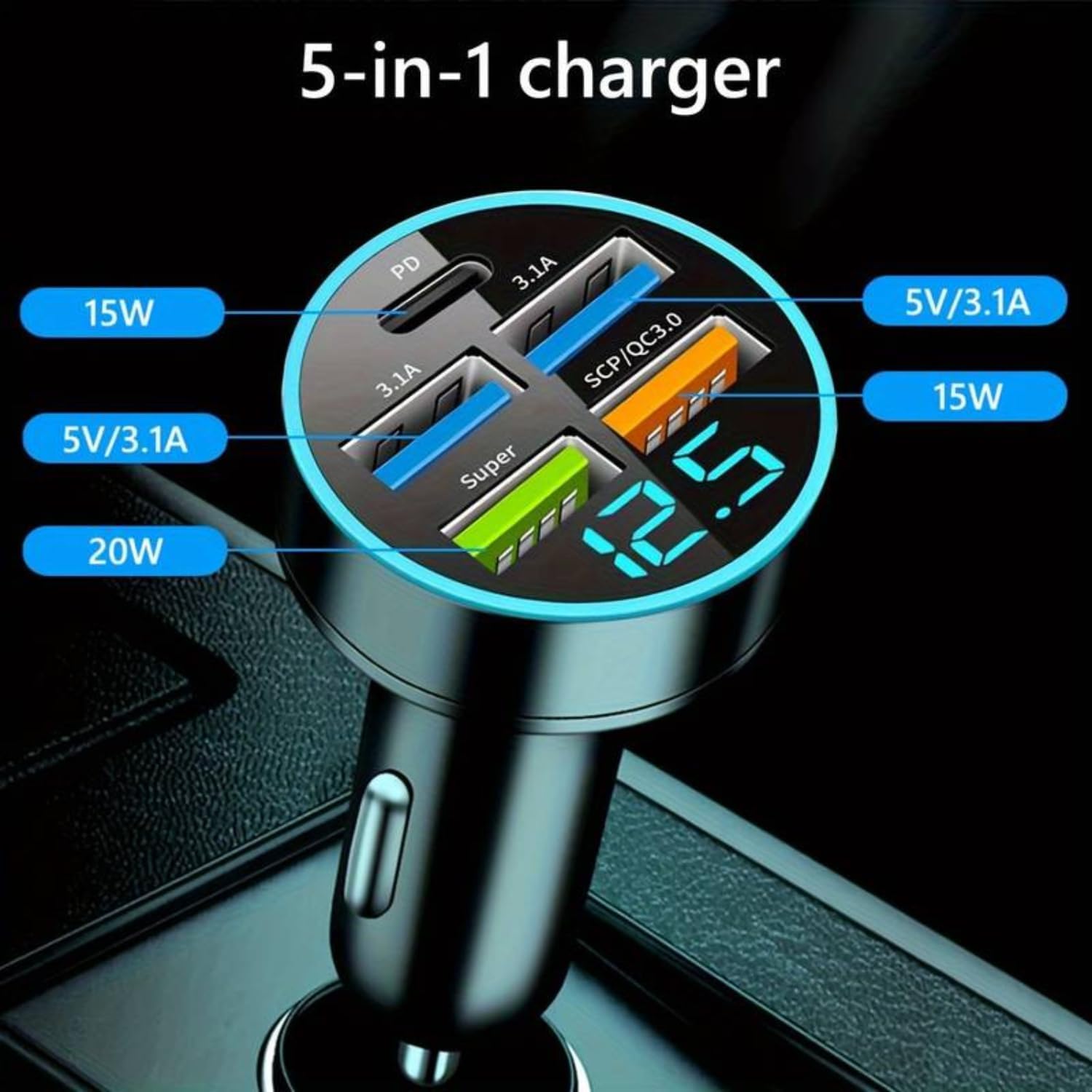 5-Port USB Car Charger with Digital Display