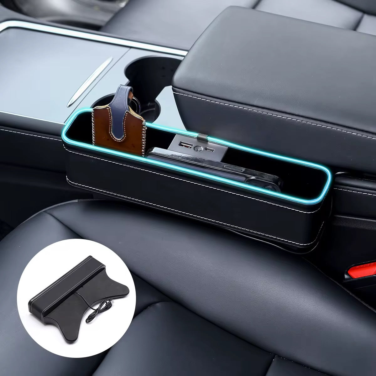 PU Leather Car Seat Gap Filler Organizer with Light & USB Charging