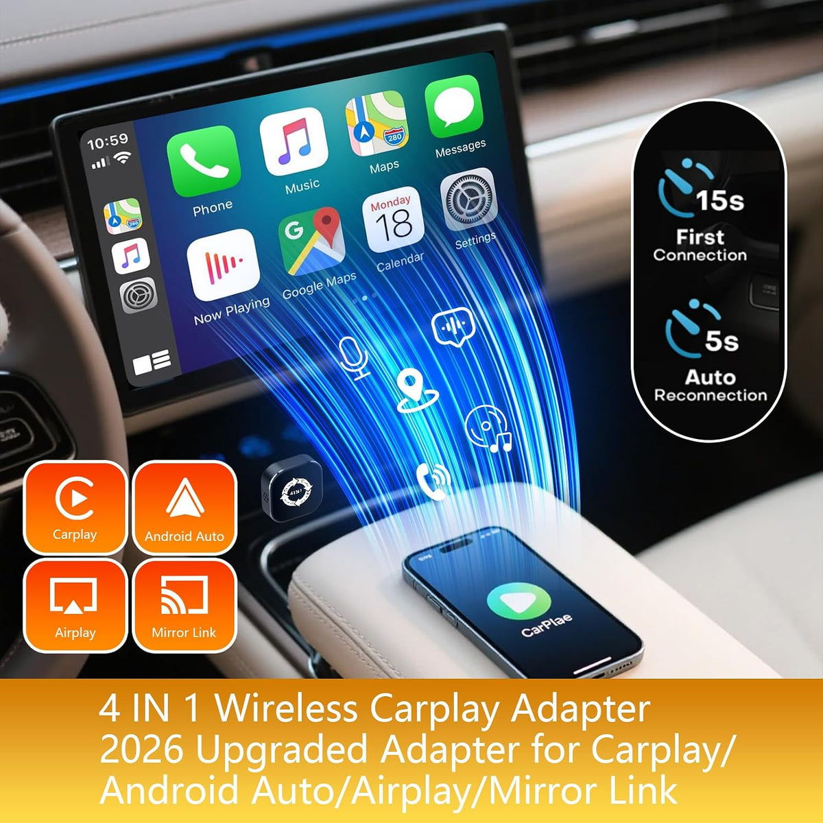 4-in-1 Wireless CarPlay & Android Auto Adapter with AirPlay & Screen Mirroring 2