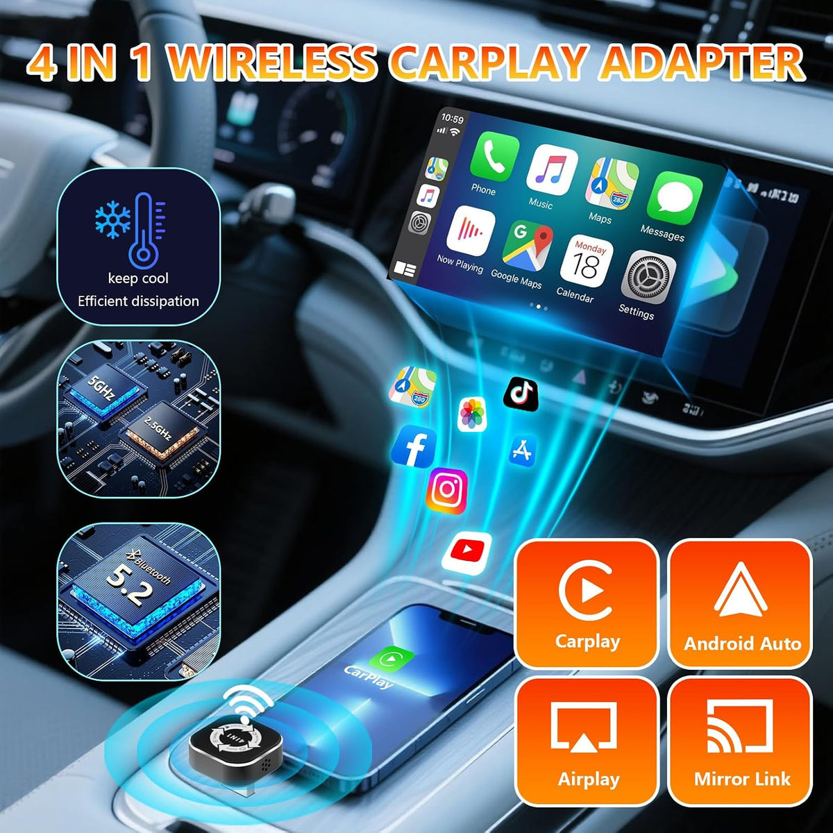 4-in-1 Wireless CarPlay & Android Auto Adapter with AirPlay & Screen Mirroring 4