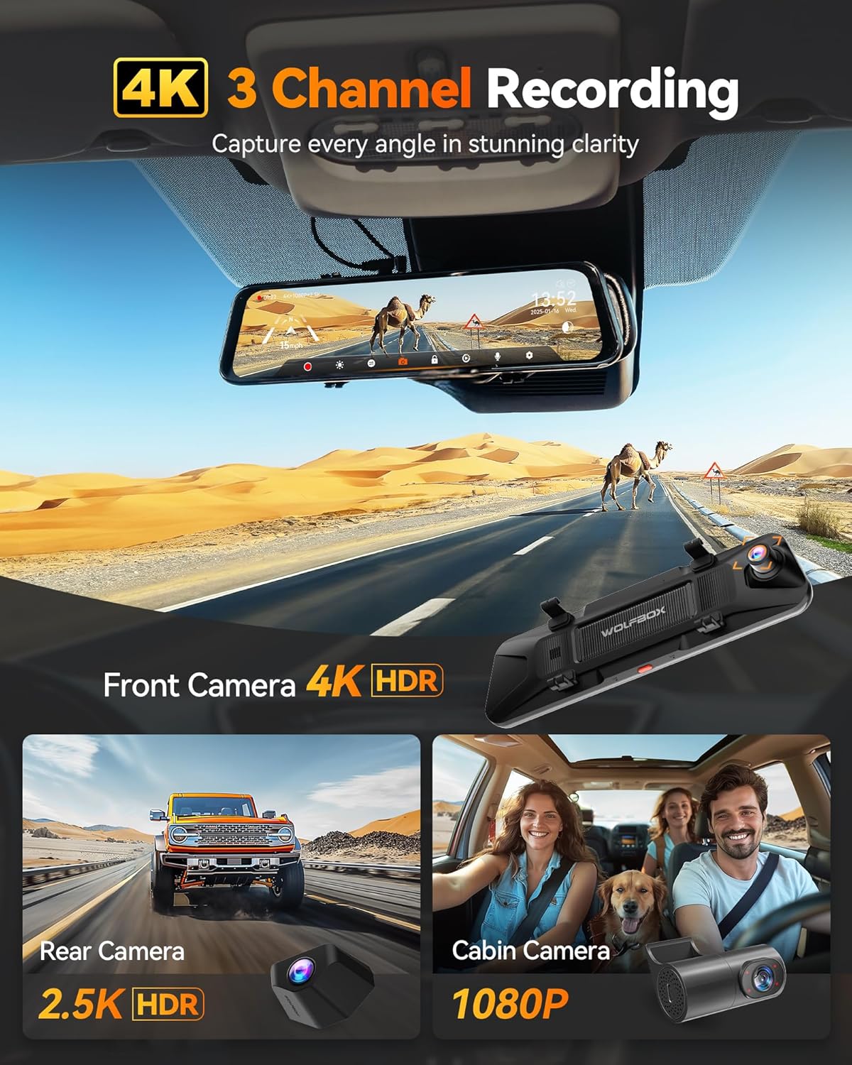 WOLFBOX G900 TRIPRO 4K+1080P+2.5K 3CH 12” Mirror Dash Cam with SONY STARVIS 2 IMX678 & 5G WiFi