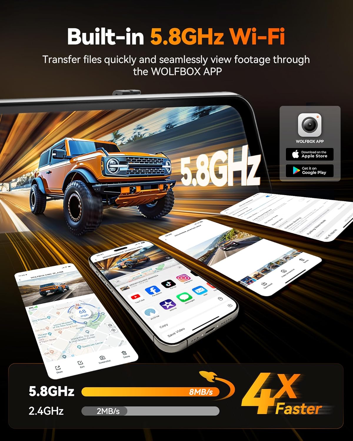 WOLFBOX G900 TRIPRO 4K+1080P+2.5K 3CH 12” Mirror Dash Cam with SONY STARVIS 2 IMX678 & 5G WiFi