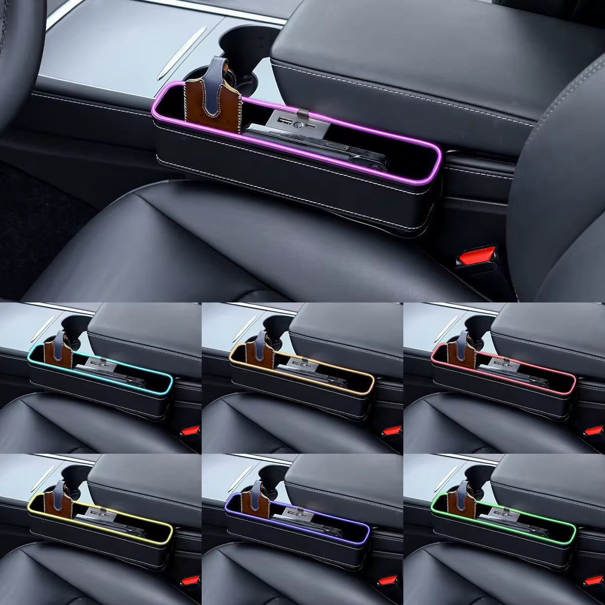 PU Leather Car Seat Gap Filler Organizer with Light & USB Charging