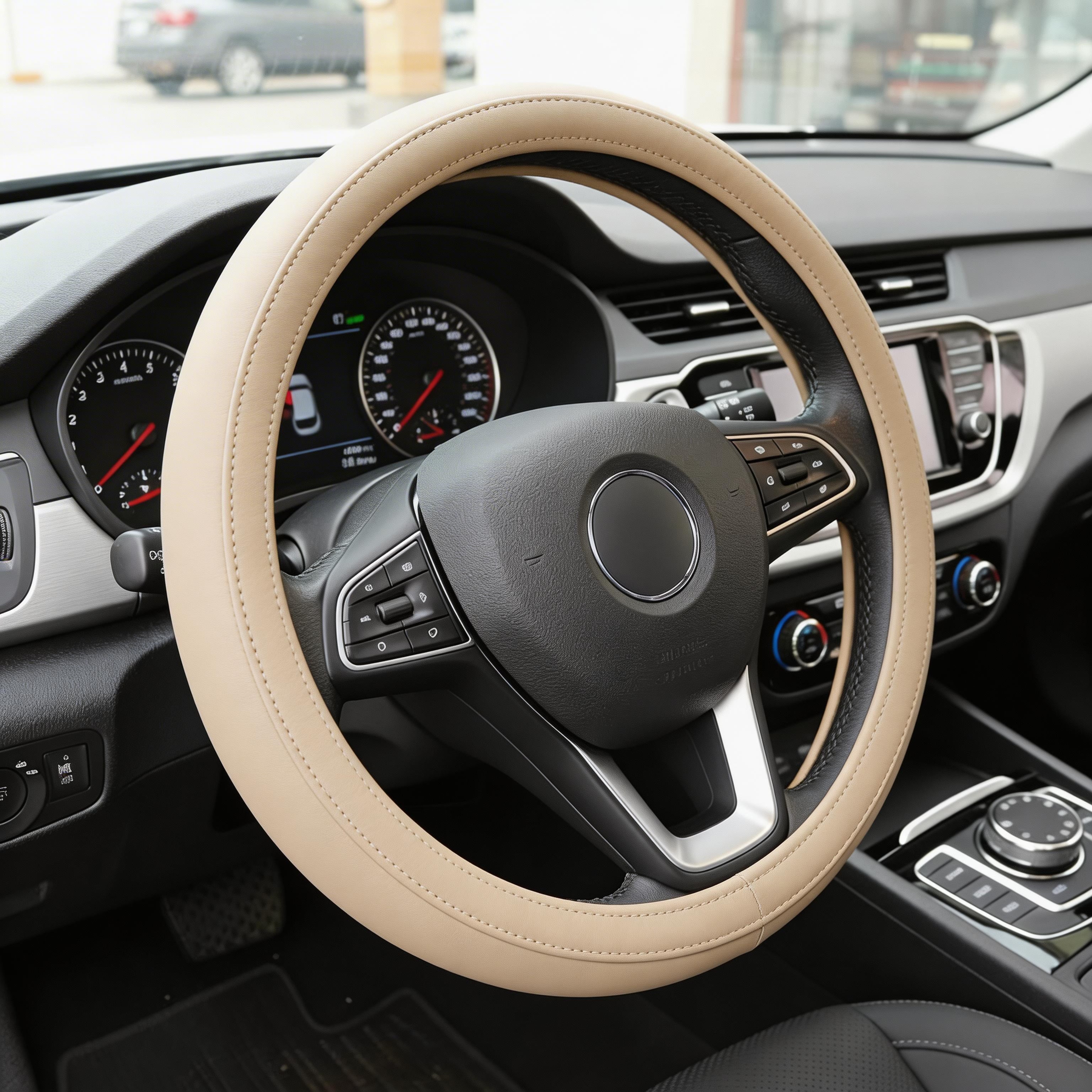 Beige PU leather steering wheel cover with anti-slip grip, universal fit car accessory in Kuwait