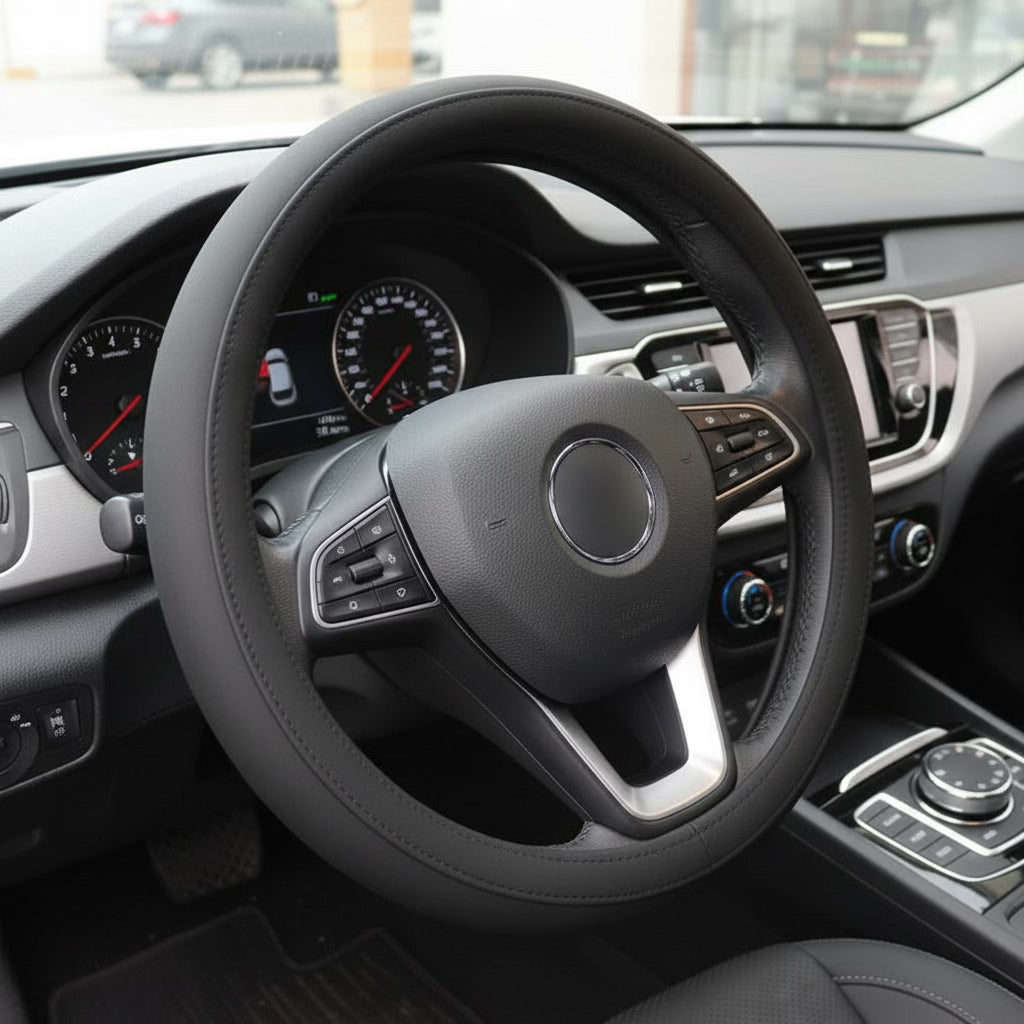 Black PU leather steering wheel cover with anti-slip grip, universal fit car accessory in Kuwait