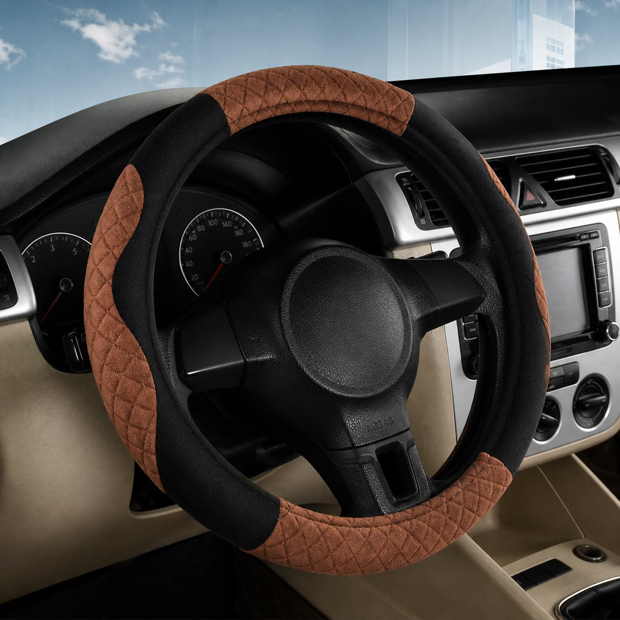 Brown and black quilted car steering wheel cover with anti-slip grip, universal fit for cars in Kuwait