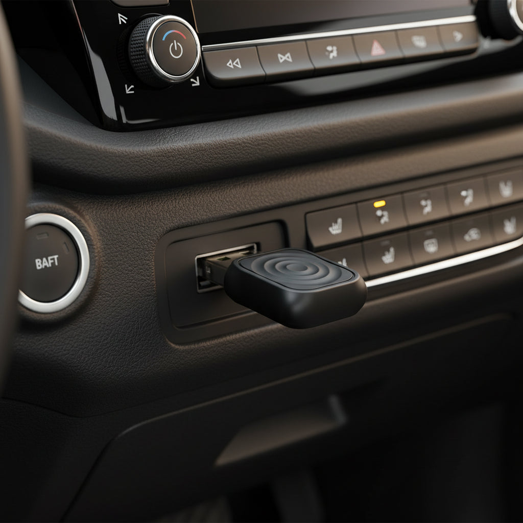 Black USB device with circular design on a white background