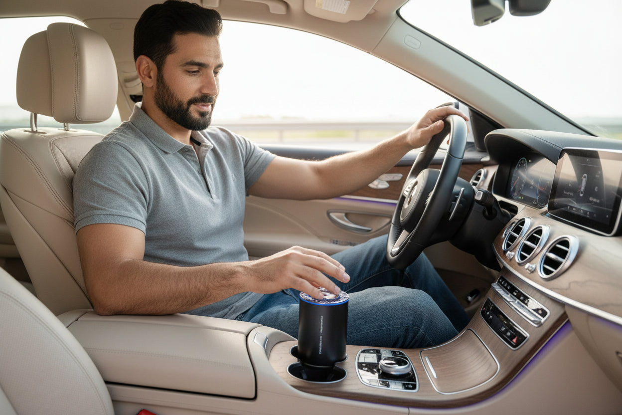 Black car fragrance diffuser with blue light on a white background