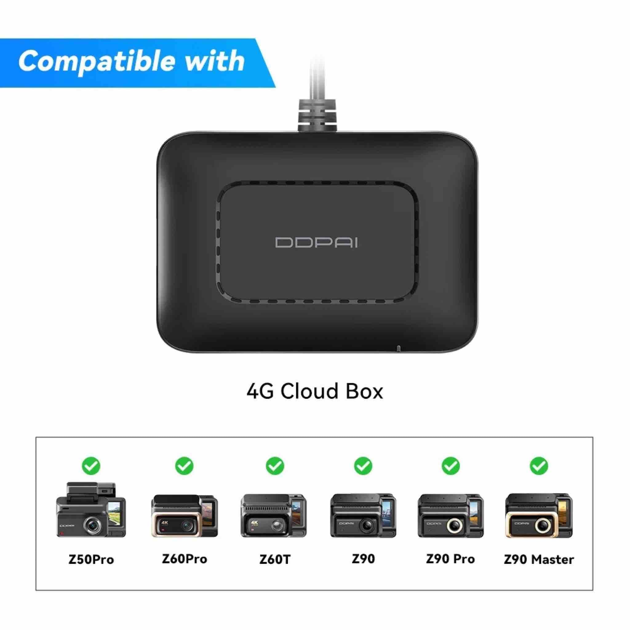 Black 4G Cloud Box with compatibility list on a white background