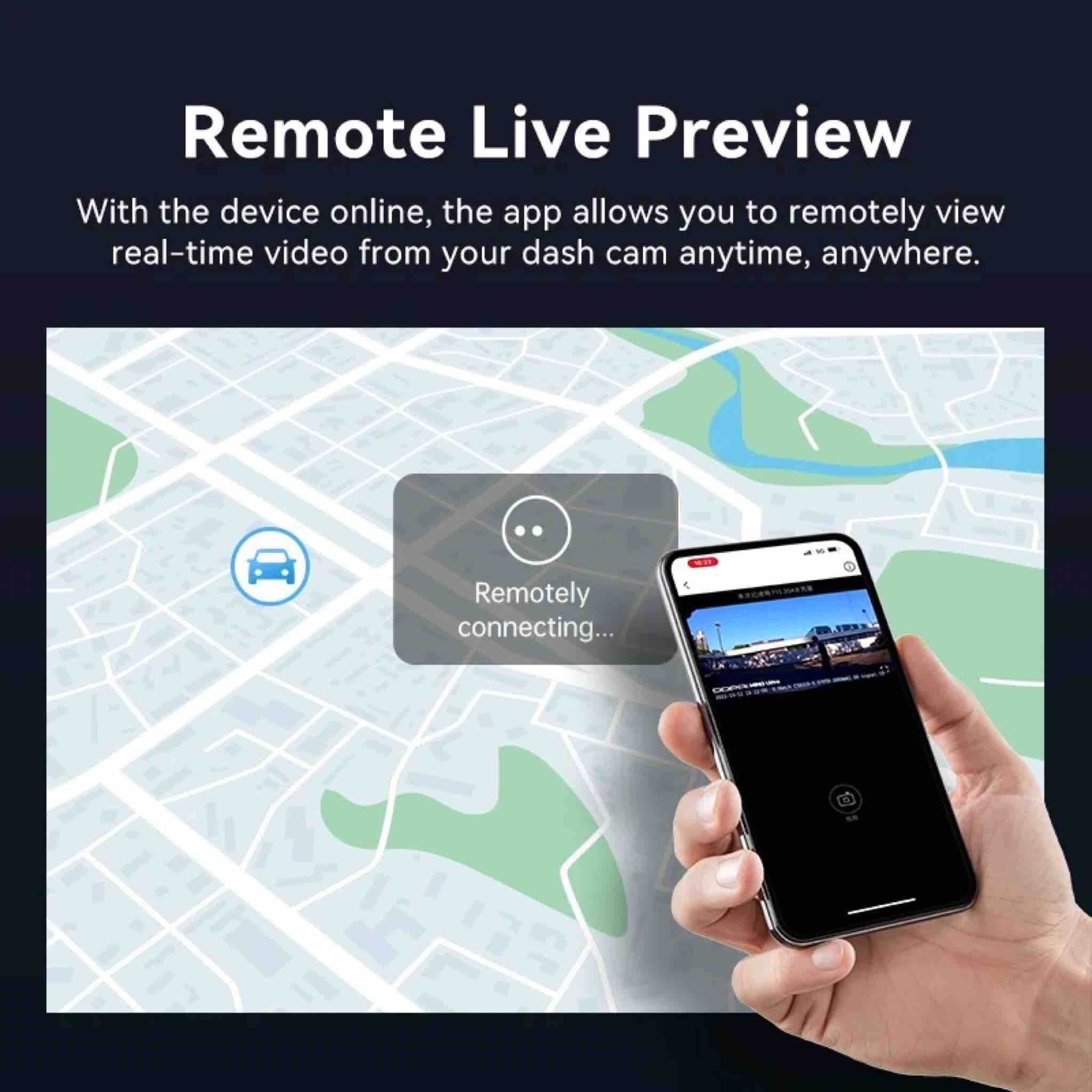 Hand holding a smartphone with a remote live preview app on a map background