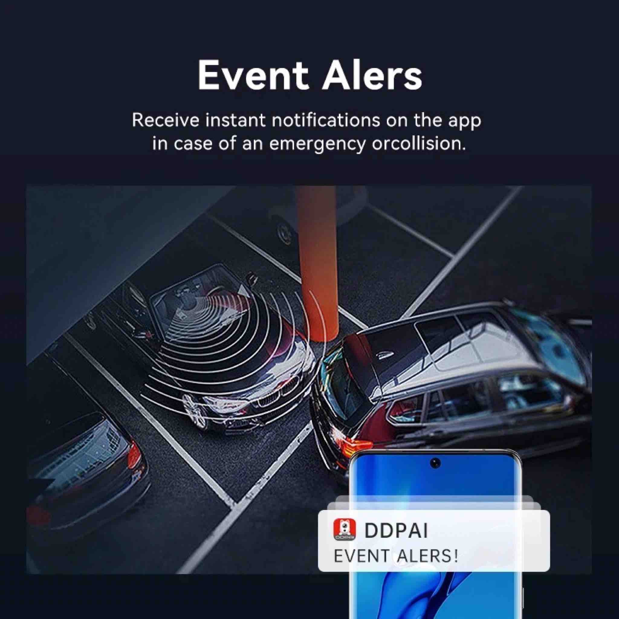 Car accident scene with 'DDPAI Event Alers' app notification on a smartphone.