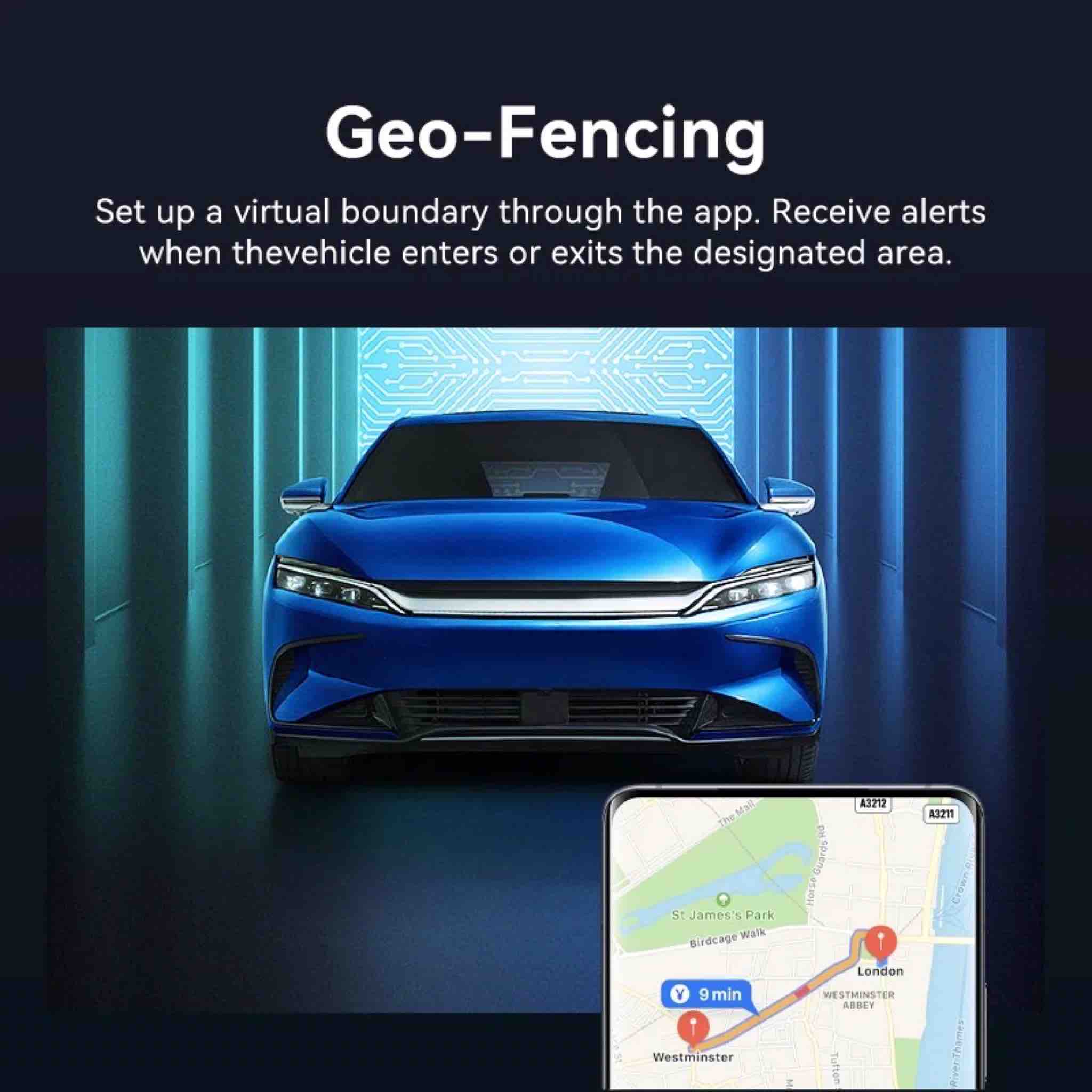 Blue car with geo-fencing app interface on a dark background
