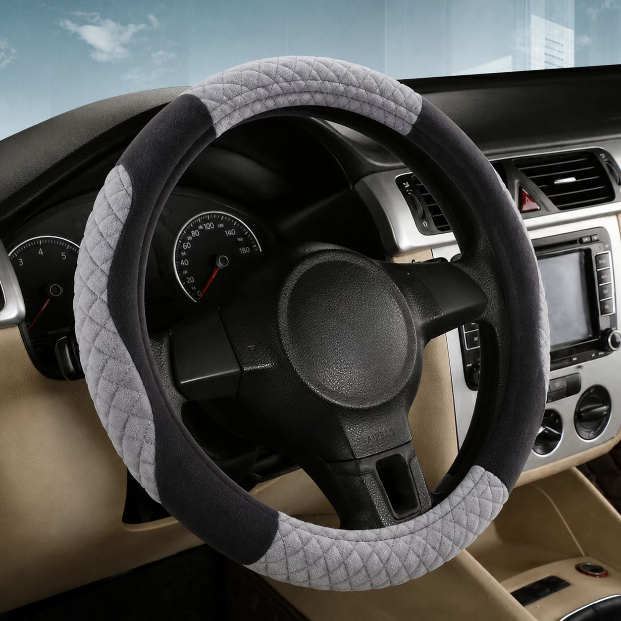 grey and black quilted car steering wheel cover with anti-slip grip, universal fit for cars in Kuwait
