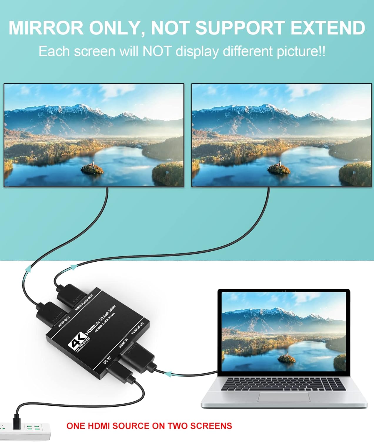 HDMI Splitter 4K HDR Adapter for Dual Rear Screens Dolby Atmos & 7.1 Surround Sound 4
