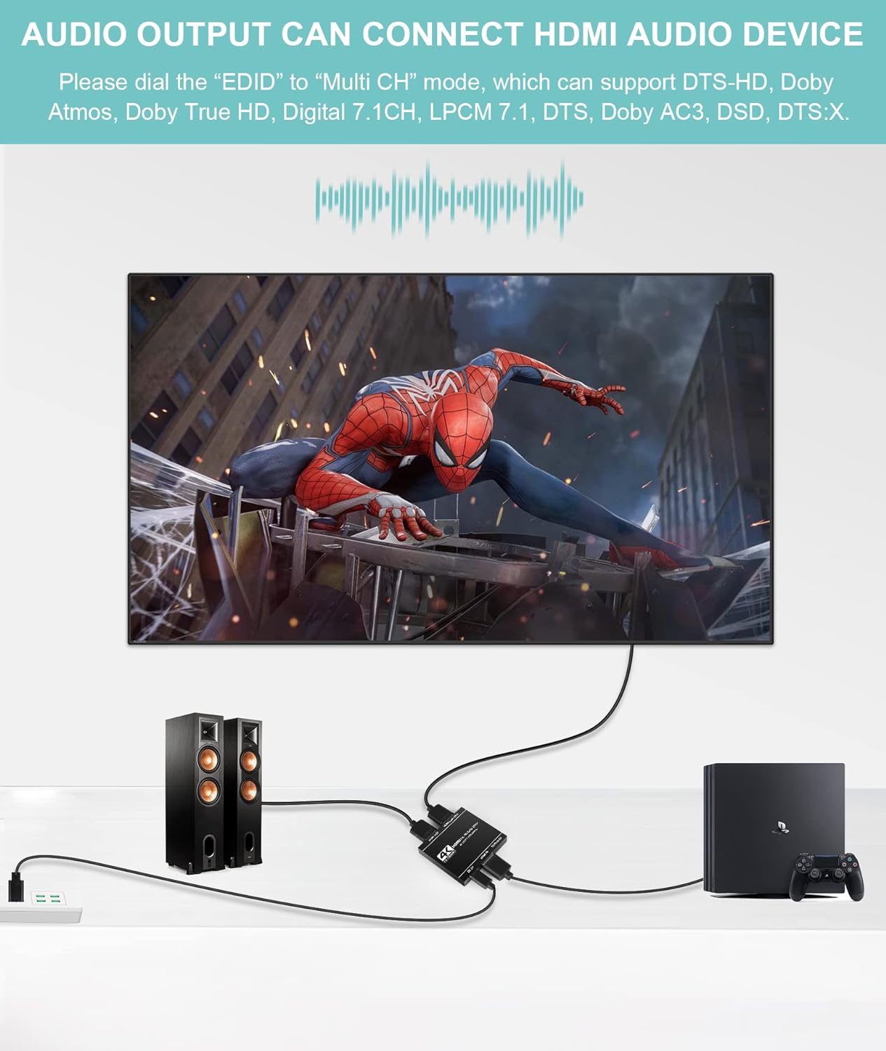 HDMI Splitter 4K HDR Adapter for Dual Rear Screens Dolby Atmos & 7.1 Surround Sound 3
