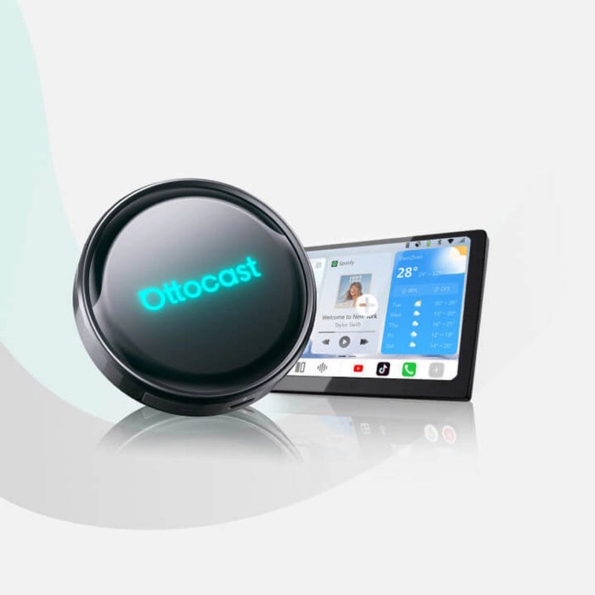 Otocast Round black device with 'Ottocast' branding next to a tablet displaying ...