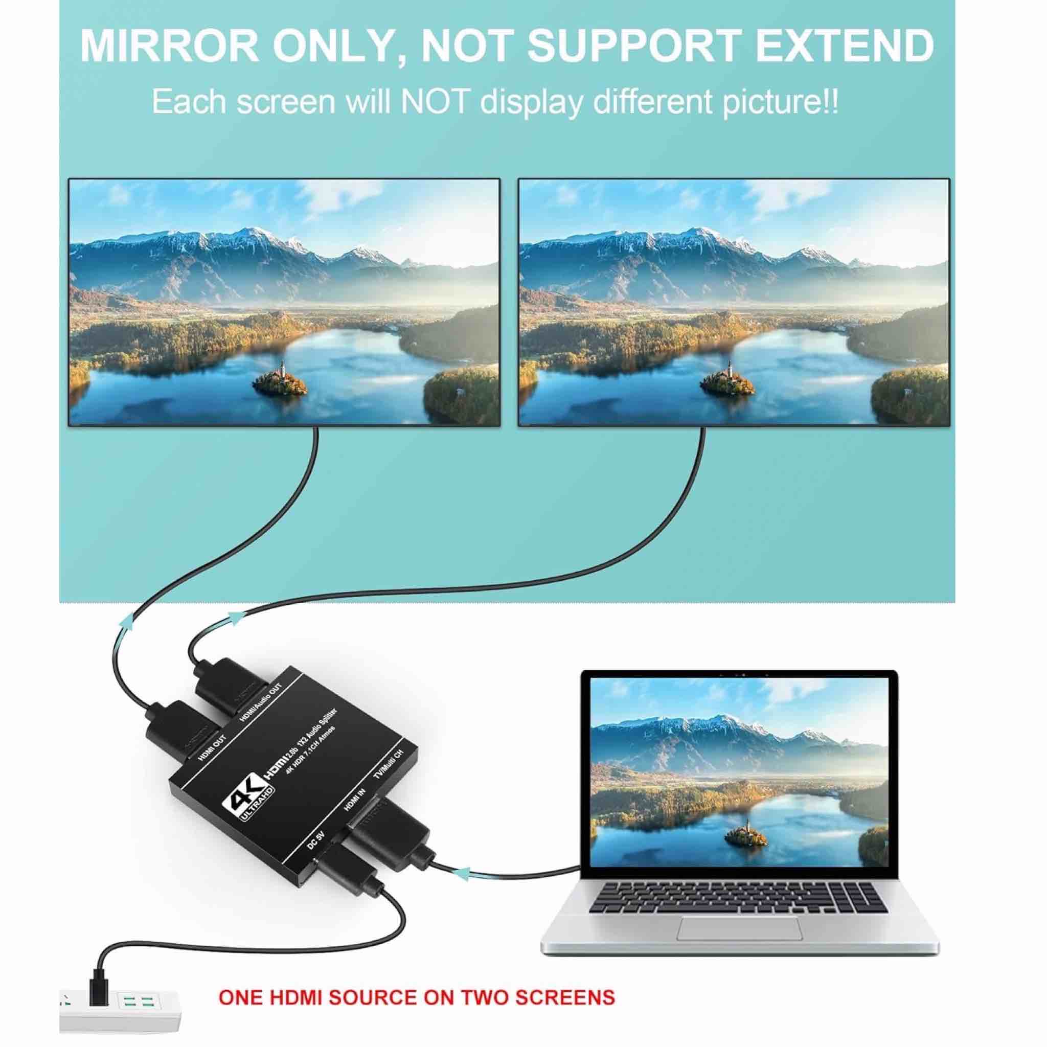 HDMI Splitter 4K HDR Adapter for Dual Rear Screens Dolby Atmos & 7.1 Surround Sound 2