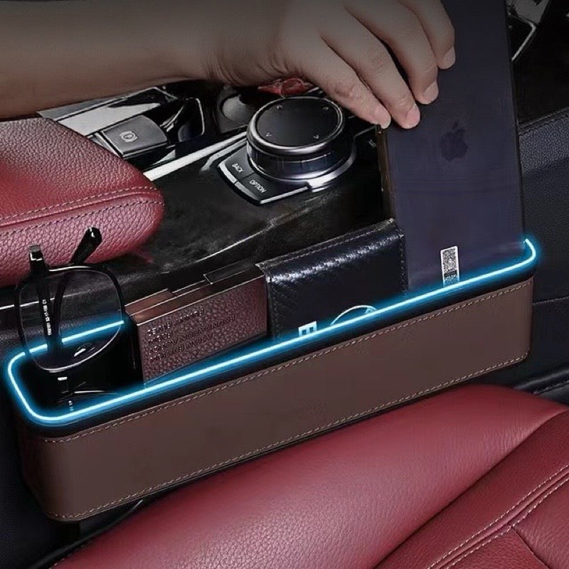 PU Leather Car Seat Gap Filler Organizer with Light & USB Charging