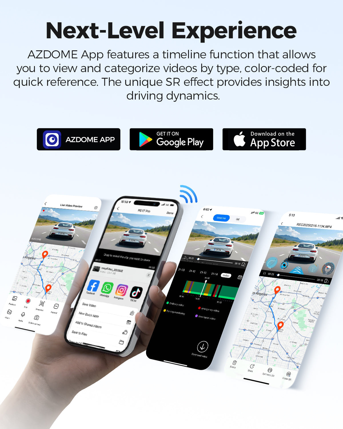 AZDOME PG17 PRO 2CH 4K Mirror Dash Cam with SONY STARVIS 2 IMX678 showcasing AZDOME App features and timeline function.