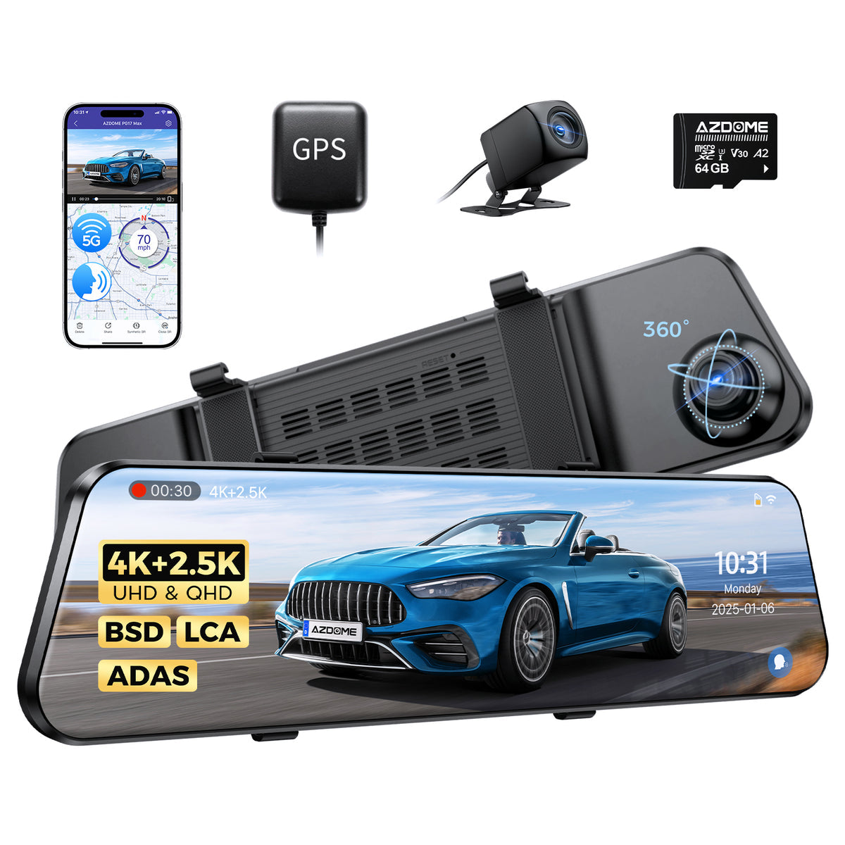AZDOME PG17 MAX 2CH 4K Mirror Dash Cam with 12" Touch Screen