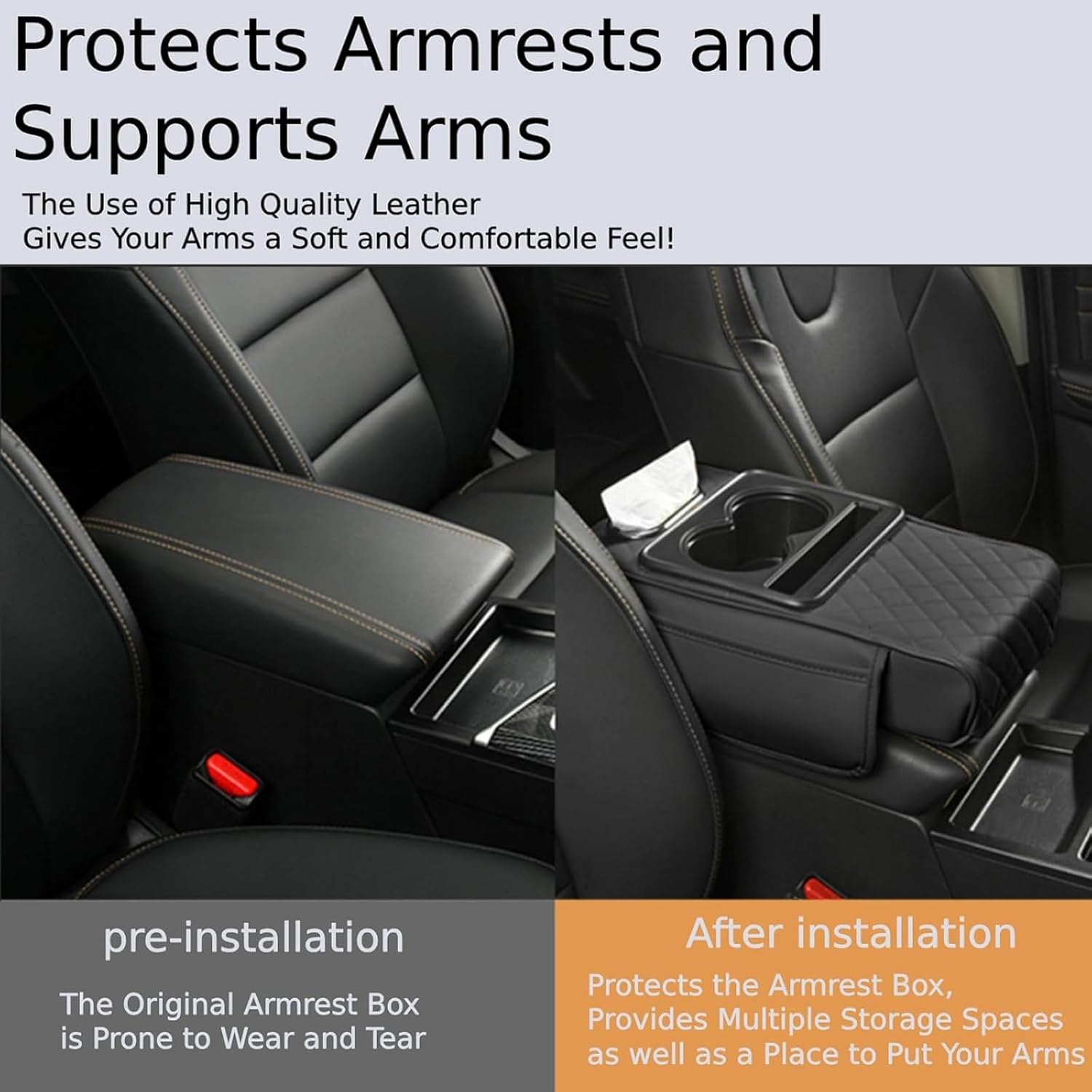 PU Leather Armrest with Tissue Box & Cup Holders 10