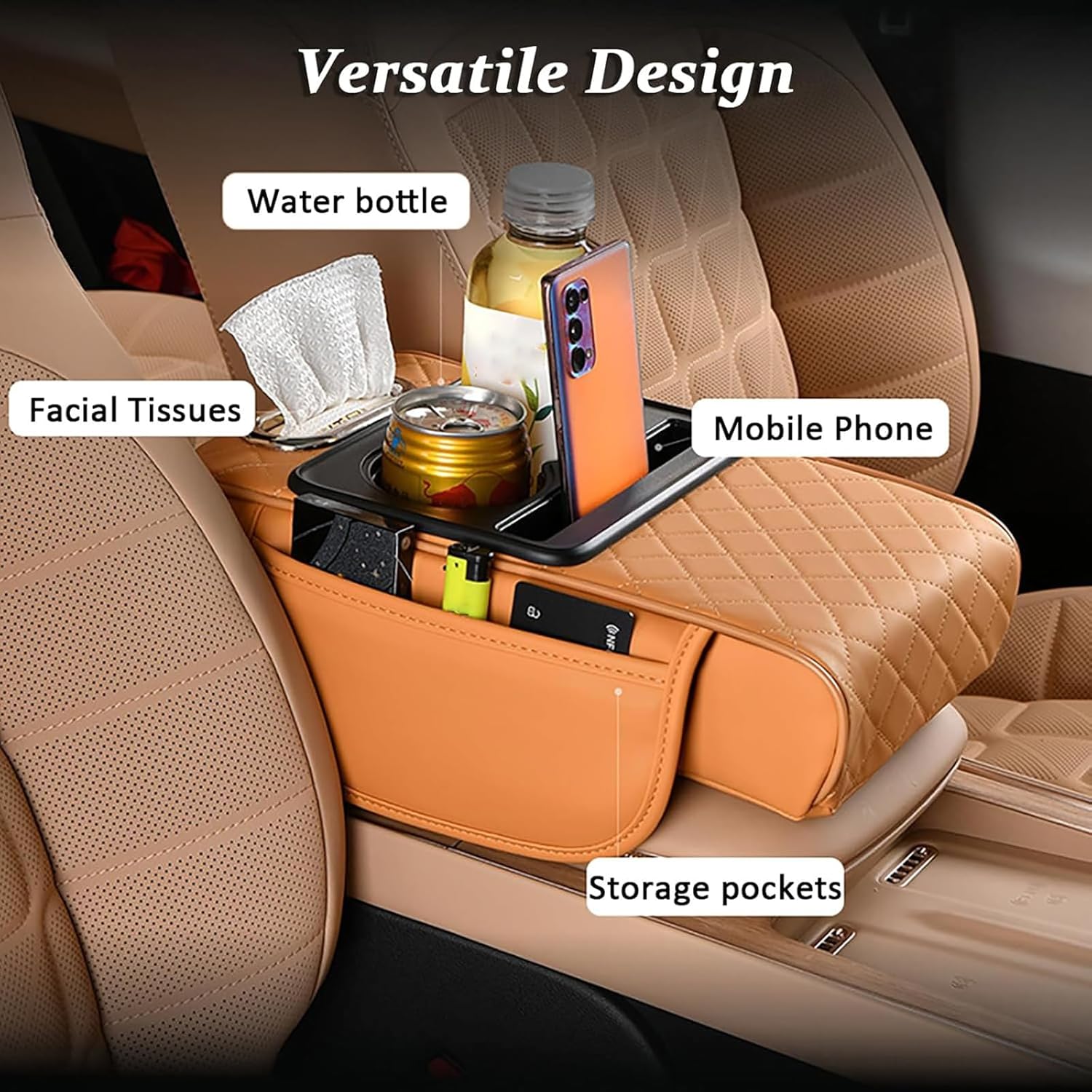 PU Leather Armrest with Tissue Box & Cup Holders 7