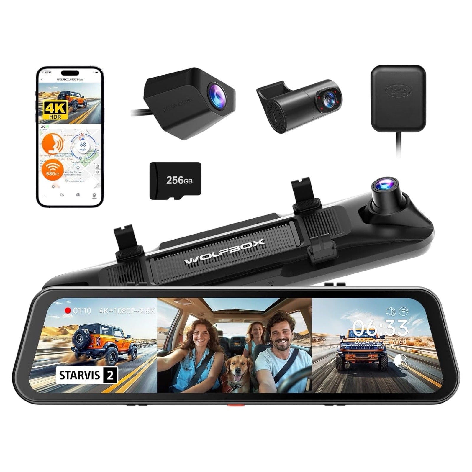 WOLFBOX G900 TRIPRO 4K+1080P+2.5K 3CH 12” Mirror Dash Cam with SONY STARVIS 2 IMX678 & 5G WiFi