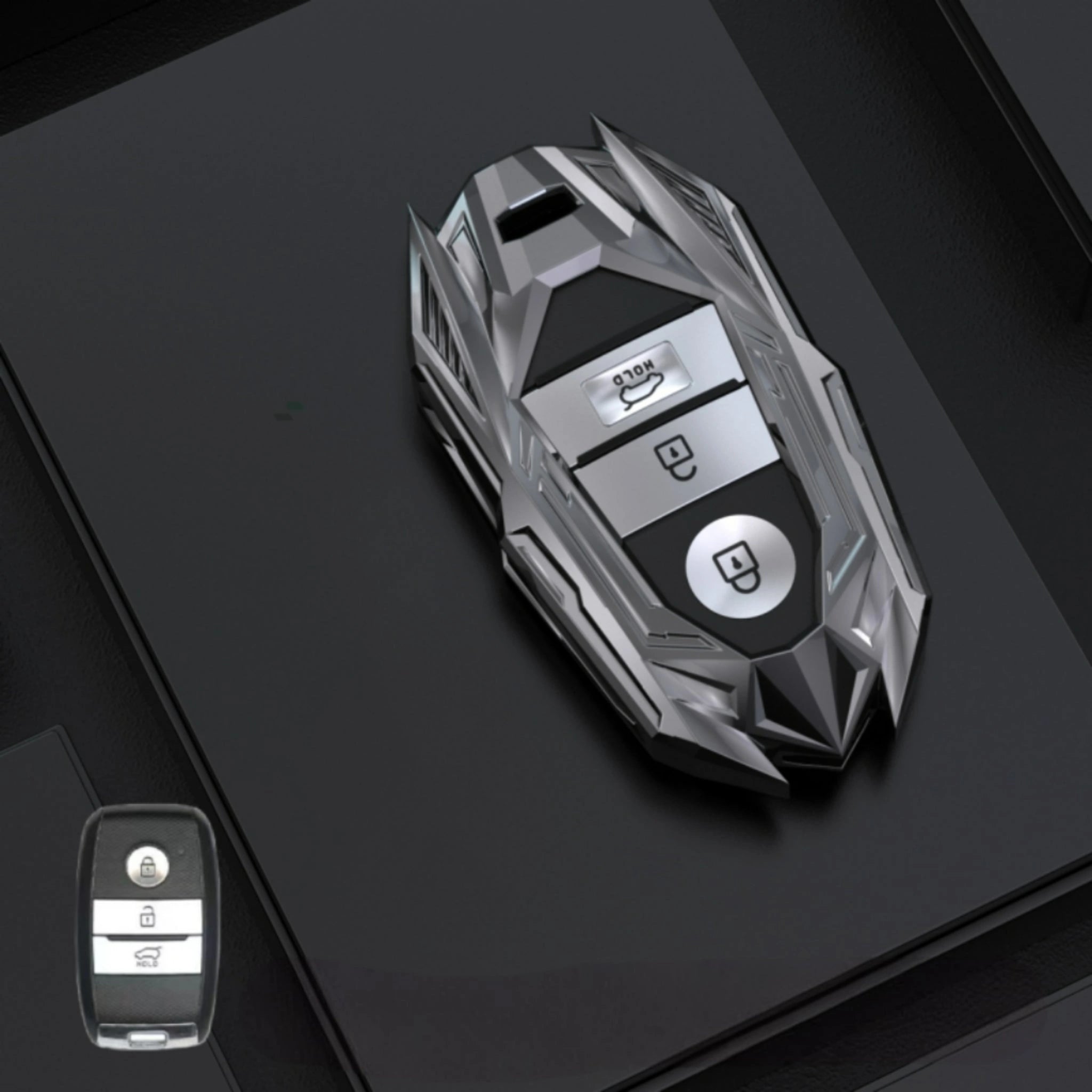 KIA Zinc Alloy Key Remote Cover with two keychains-Black-غطاء جهاز التحكم عن بعد لمفتاح كيا من سبائك الزنك مع سلسلتي مفاتيح - أسود-Auto-Emporio-Kuwait.0