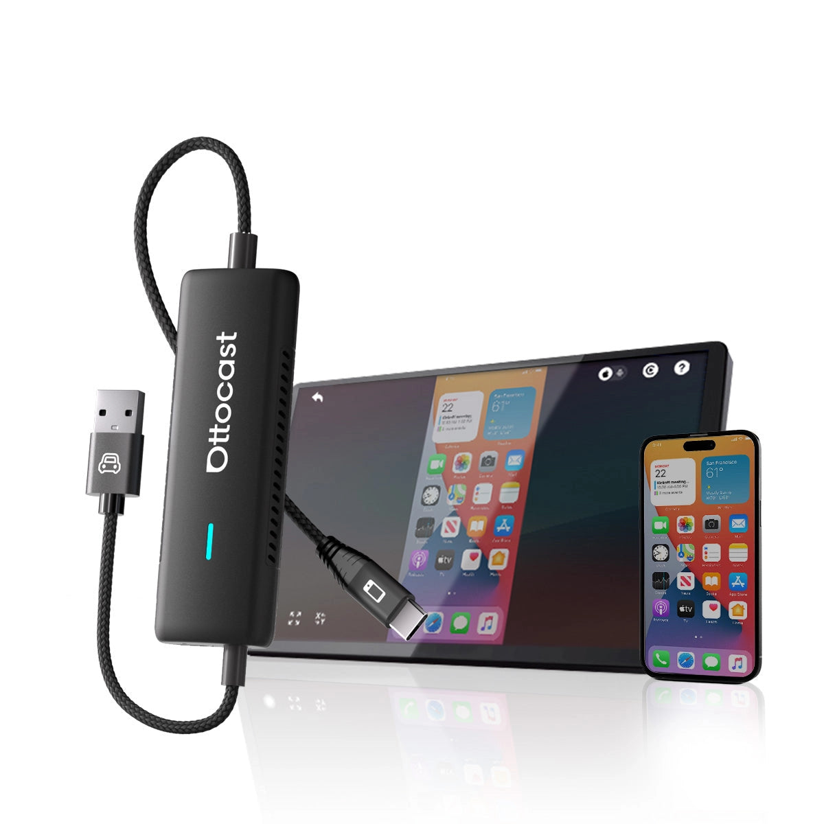 Ottocast device connecting a smartphone to a tablet on a white background