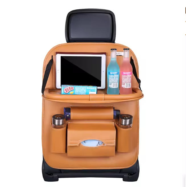 Car back seat organizer with tablet, snacks, and drinks on a white background. PU Leather Back Seat Organizer with tray-منظم المقعد الخلفي من جلد البولي يوريثان مع صينية-Auto-Emporio-Kuwait.0