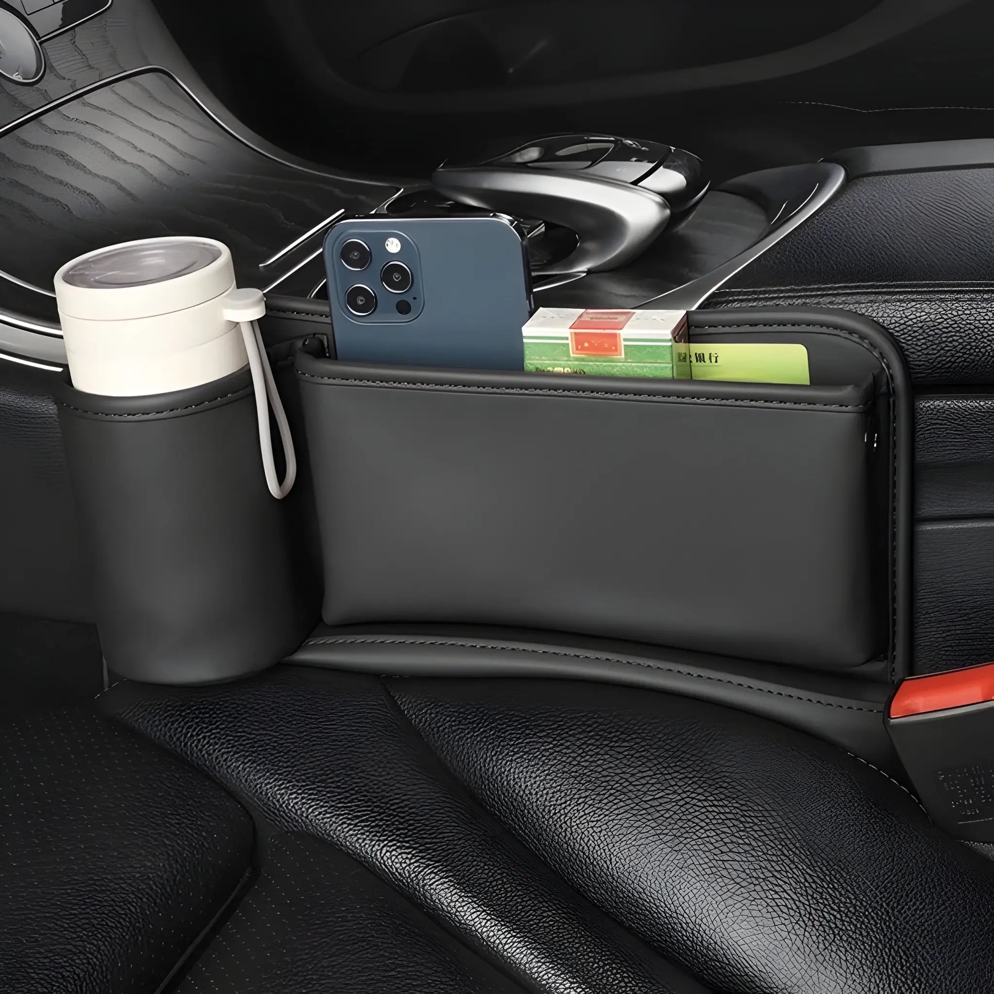 PU Leather Car Seat Gap Filler Organizer & Cup Holder (Maroon)-منظم حشو فجوات مقعد السيارة من جلد البولي يوريثان وحامل أكواب (كستنائي)-Auto-Emporio-Kuwait.0
