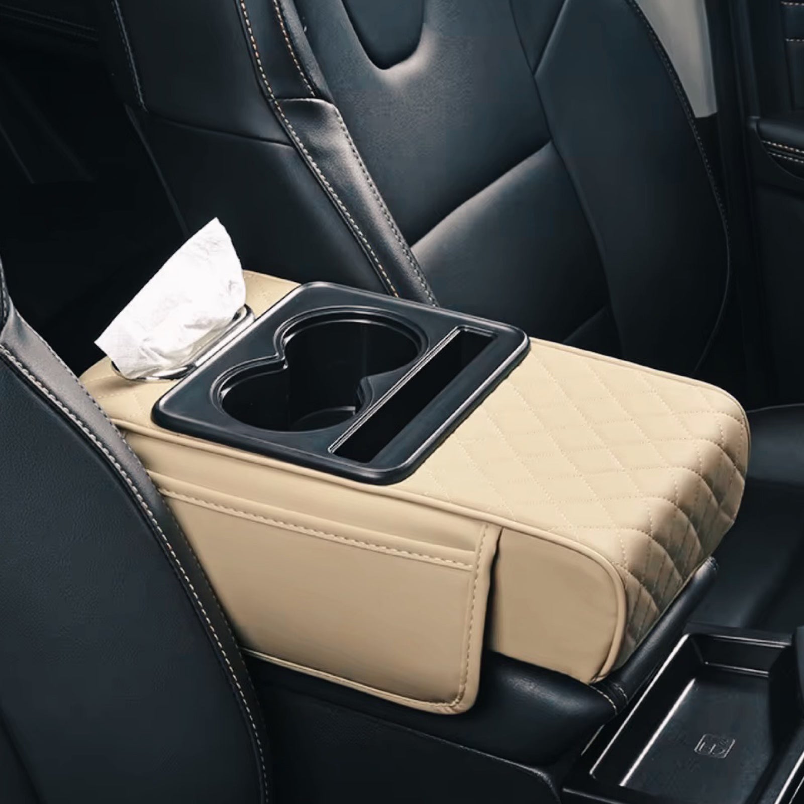 Car armrest organizer with cup holder and tissue holder on a car seat