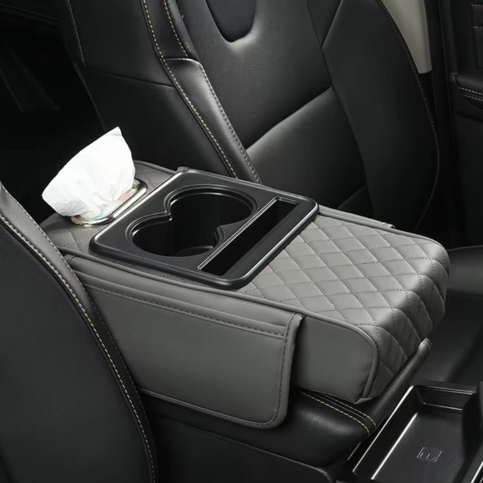 Car armrest organizer with cup holder and tissue holder in a vehicle interior in kuwait