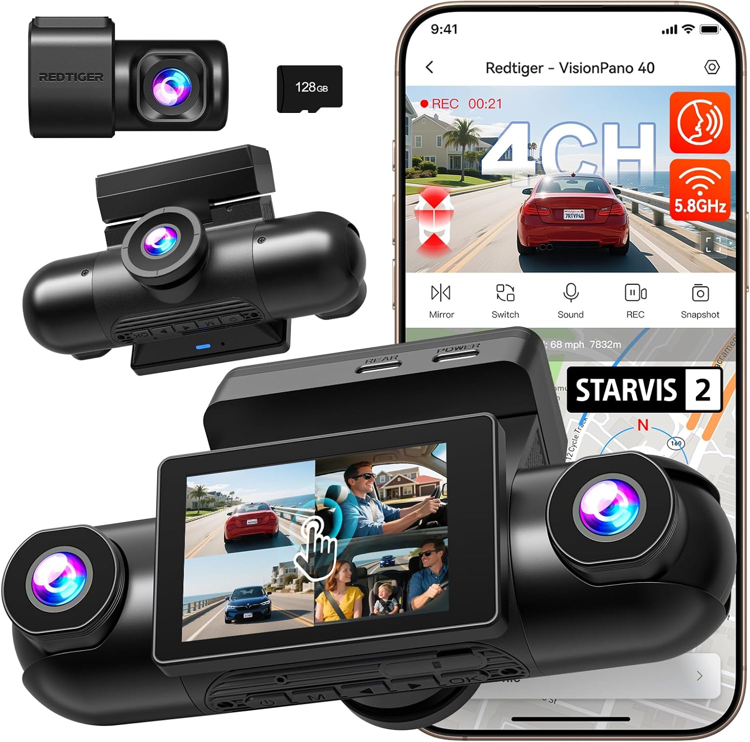 Car dashboard camera system with smartphone display showing video feed and app interface.