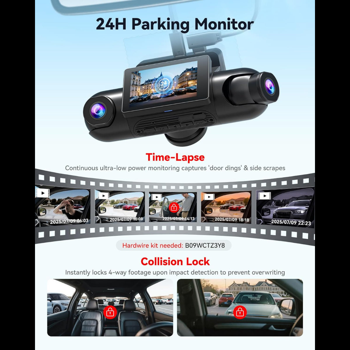 Car dashboard camera with 24-hour parking monitor and time-lapse features on a light blue background.